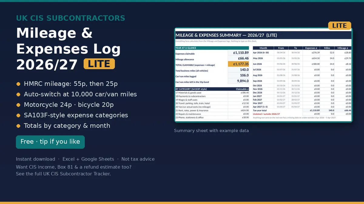 Cover of the UK CIS Mileage and Expenses Log Lite 2026/27
